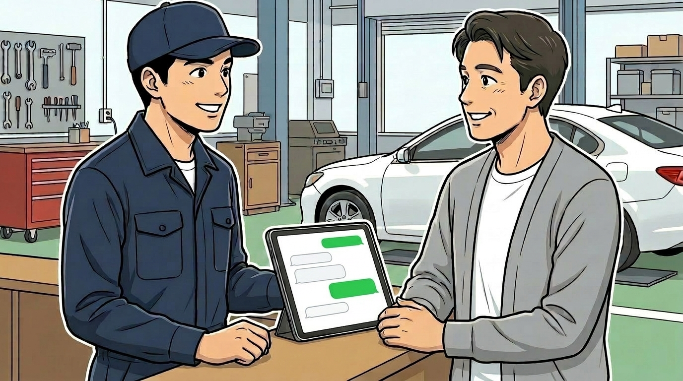 自動車整備工場の店主とお客様がカウンターでLINE活用について相談しているイラスト
