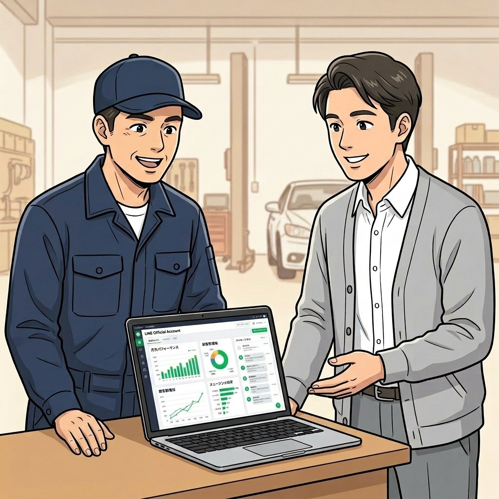Empath LINEが整備工場・中古車販売店オーナーと一緒に伴走し、運用を支えるイメージ